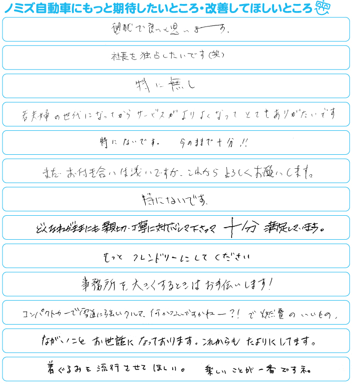 ノミズ自動車にもっと期待したいところ・改善して欲しいところ